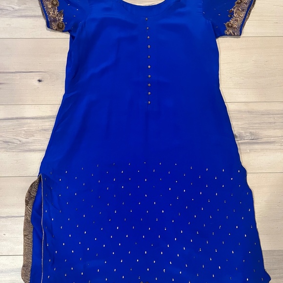 Women’s Indian 3 Piece Blue Silk Sequin Top & Pants w Matching Wrap-Large - Picture 7 of 11